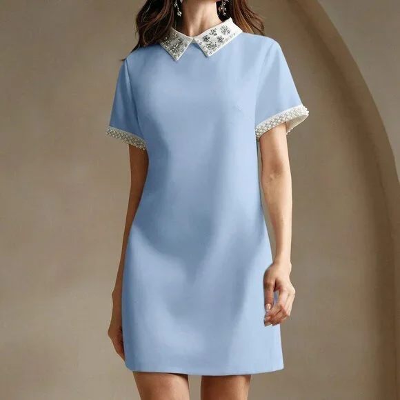 Blue Elegant Women's Colorblock Collared Faux Pearl Decor Straight Dress - Picture 7 of 7